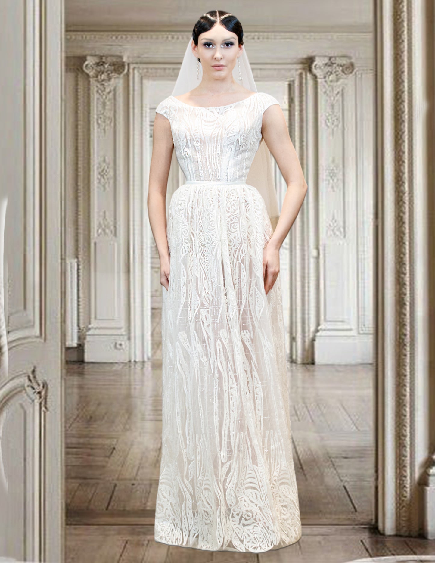 Cowl neck empire beaded lace gown